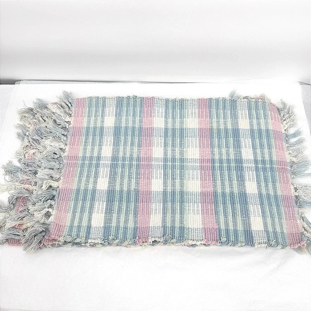Woven Rag Rug Placemats Pastel Spring Plaid Fringe Cotton Set of 5 Table Decor